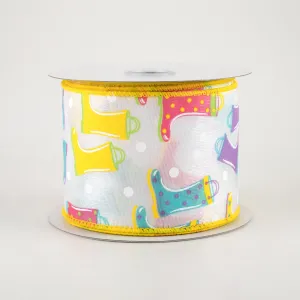 2.5" Rain Boots Polka Dot Ribbon: White Diamond Satin (10 Yards)