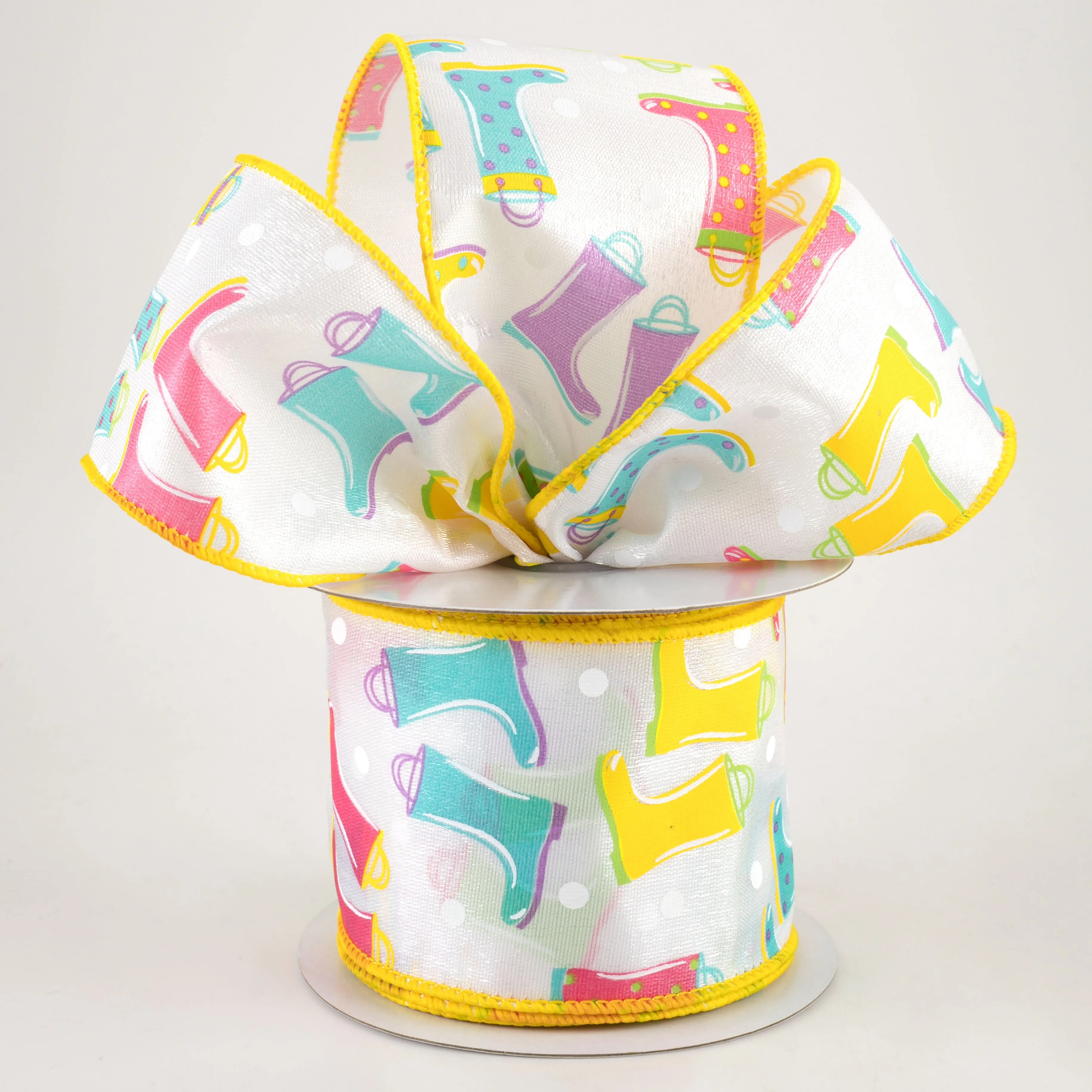 2.5" Rain Boots Polka Dot Ribbon: White Diamond Satin (10 Yards)