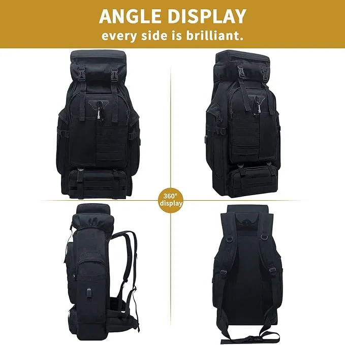 80L Camping Hiking Backpack, Large Military Tactical Backpack, Waterproof Travel Daypack With Carabiner Outdoor Molle Rucksack for Men Women (Black)