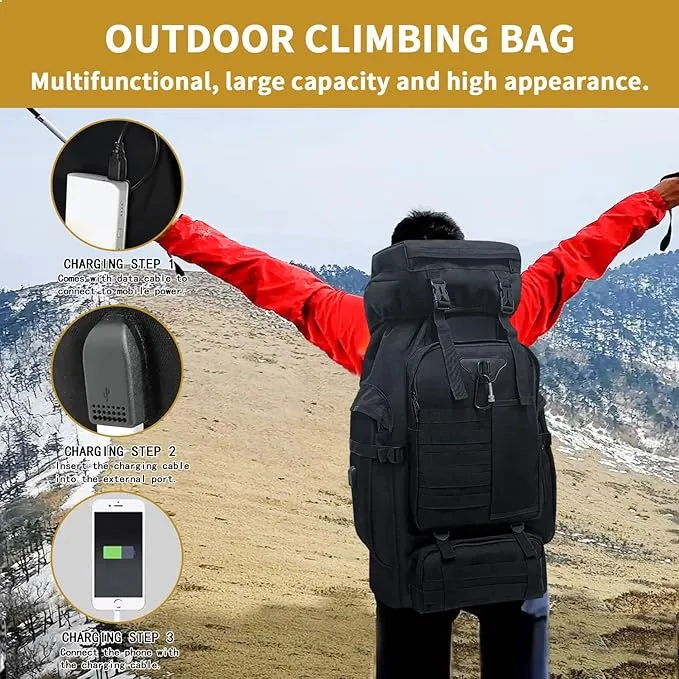 80L Camping Hiking Backpack, Large Military Tactical Backpack, Waterproof Travel Daypack With Carabiner Outdoor Molle Rucksack for Men Women (Black)
