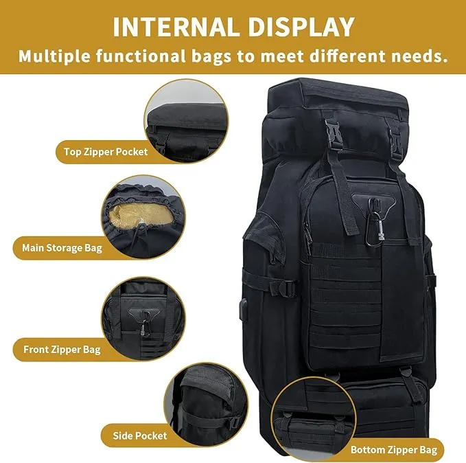 80L Camping Hiking Backpack, Large Military Tactical Backpack, Waterproof Travel Daypack With Carabiner Outdoor Molle Rucksack for Men Women (Black)