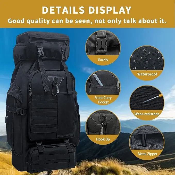 80L Camping Hiking Backpack, Large Military Tactical Backpack, Waterproof Travel Daypack With Carabiner Outdoor Molle Rucksack for Men Women (Black)