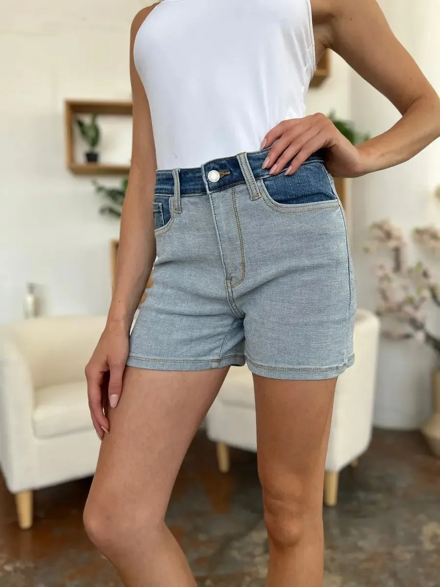 Aerlene Judy Blue Size Inclusive Color Block Denim Shorts