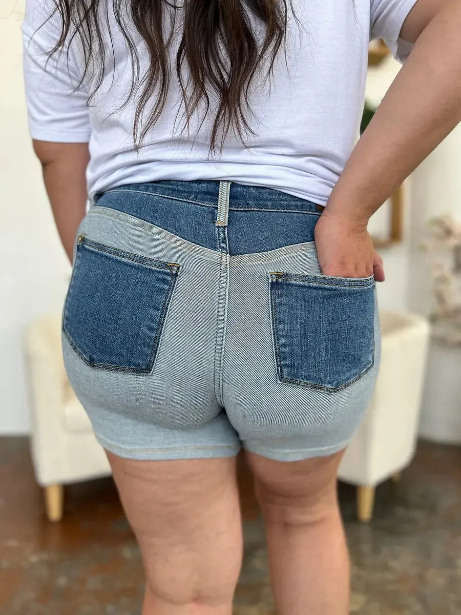 Aerlene Judy Blue Size Inclusive Color Block Denim Shorts