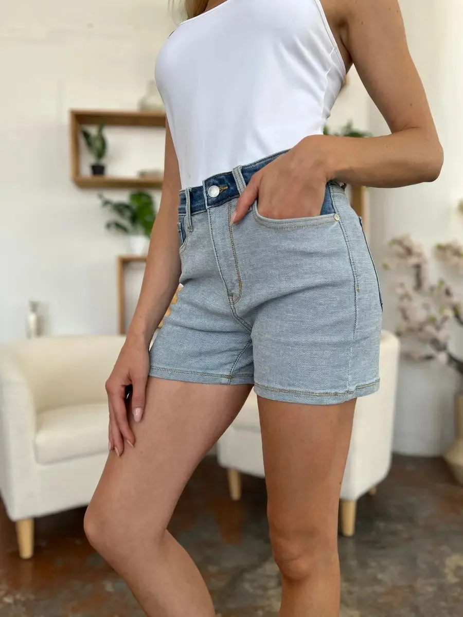 Aerlene Judy Blue Size Inclusive Color Block Denim Shorts