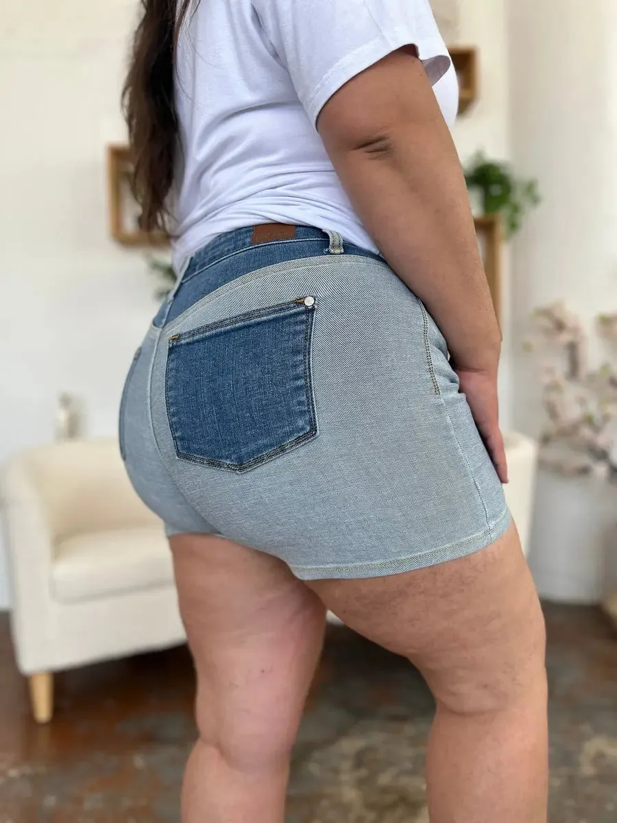 Aerlene Judy Blue Size Inclusive Color Block Denim Shorts