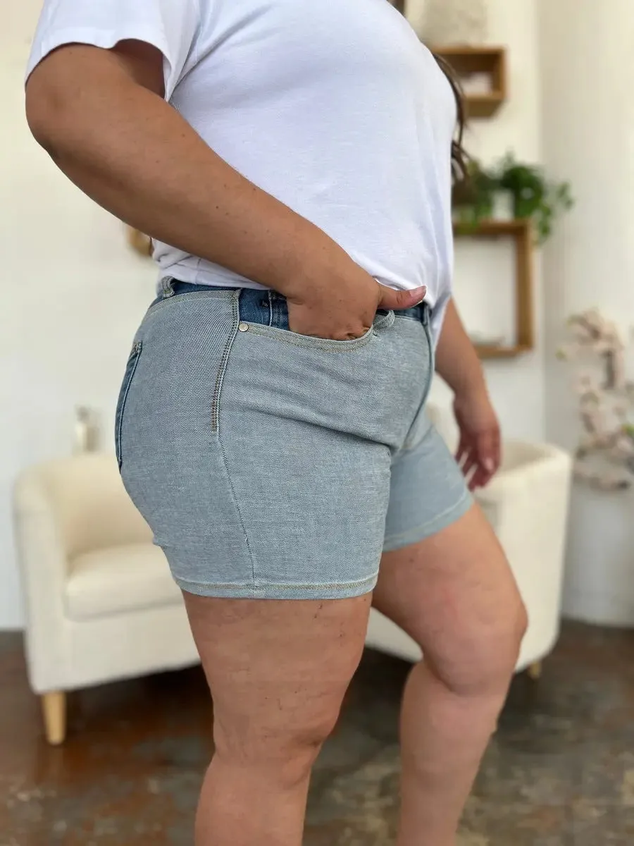 Aerlene Judy Blue Size Inclusive Color Block Denim Shorts