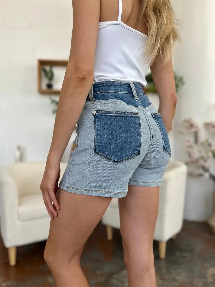 Aerlene Judy Blue Size Inclusive Color Block Denim Shorts