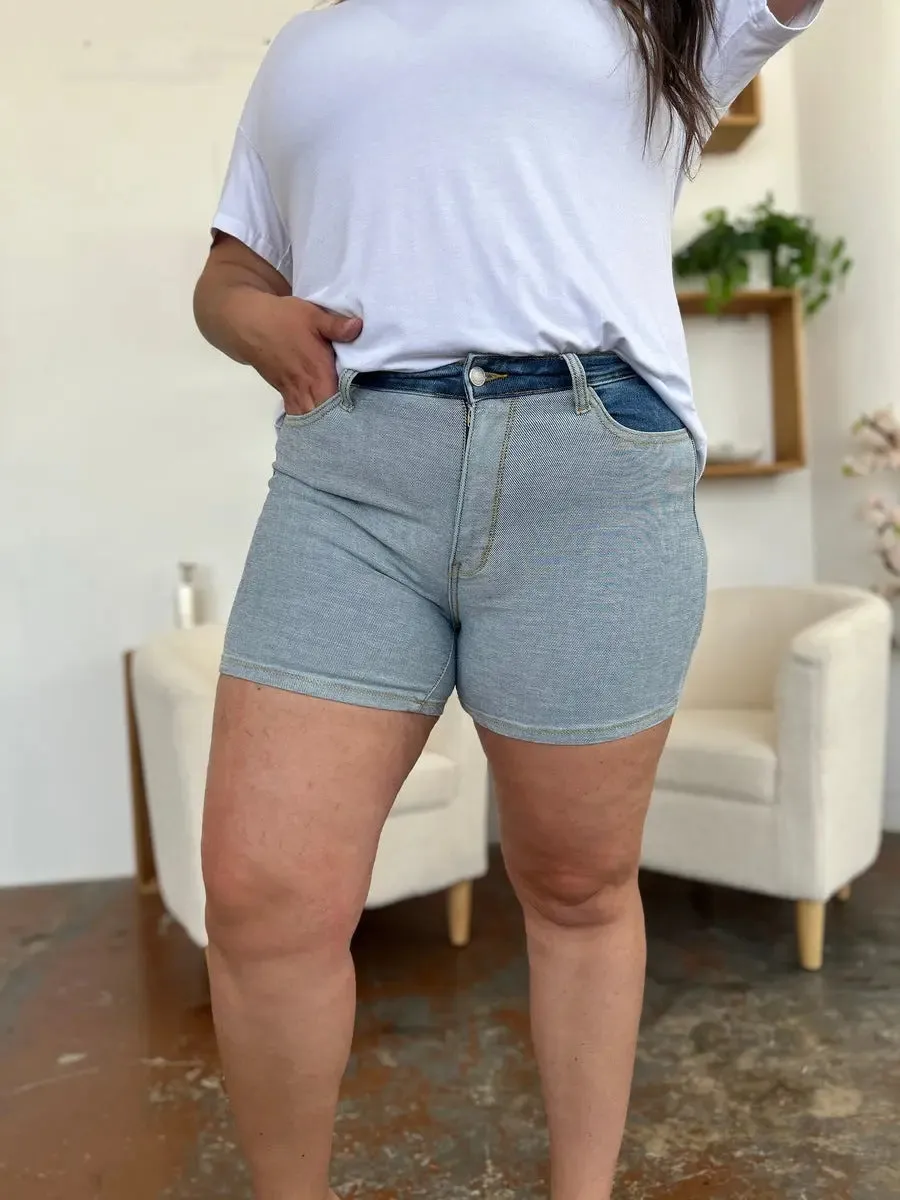 Aerlene Judy Blue Size Inclusive Color Block Denim Shorts