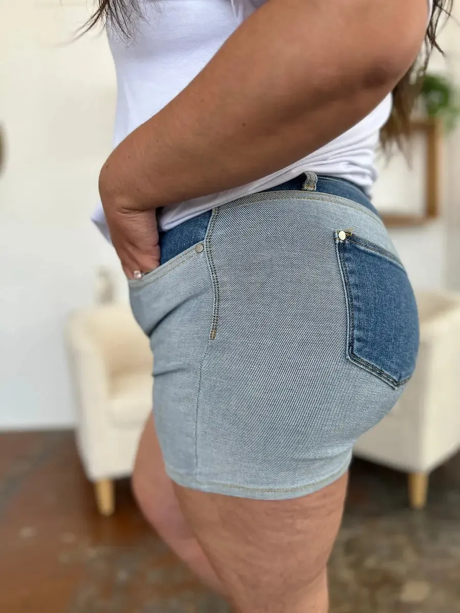 Aerlene Judy Blue Size Inclusive Color Block Denim Shorts