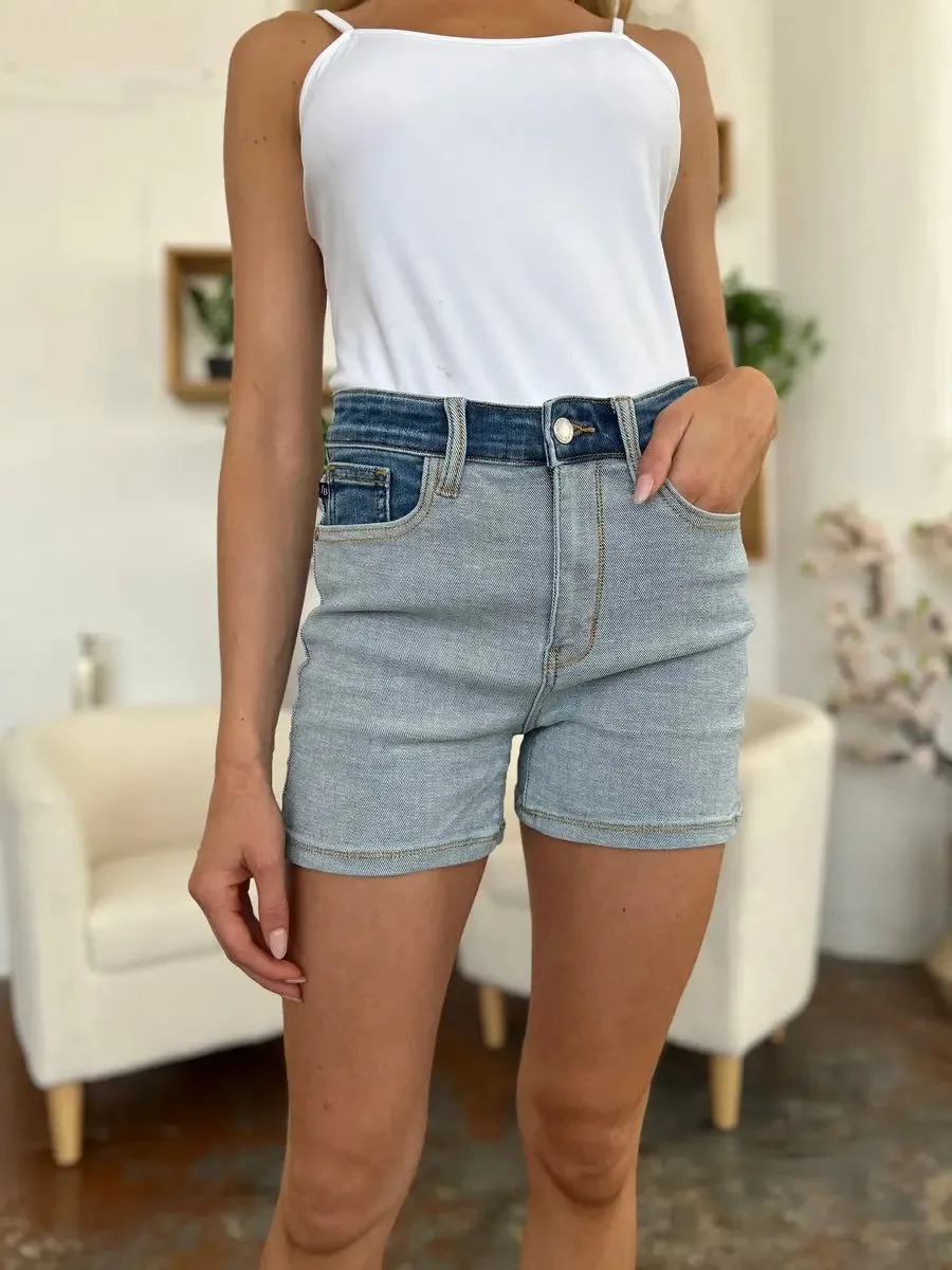 Aerlene Judy Blue Size Inclusive Color Block Denim Shorts