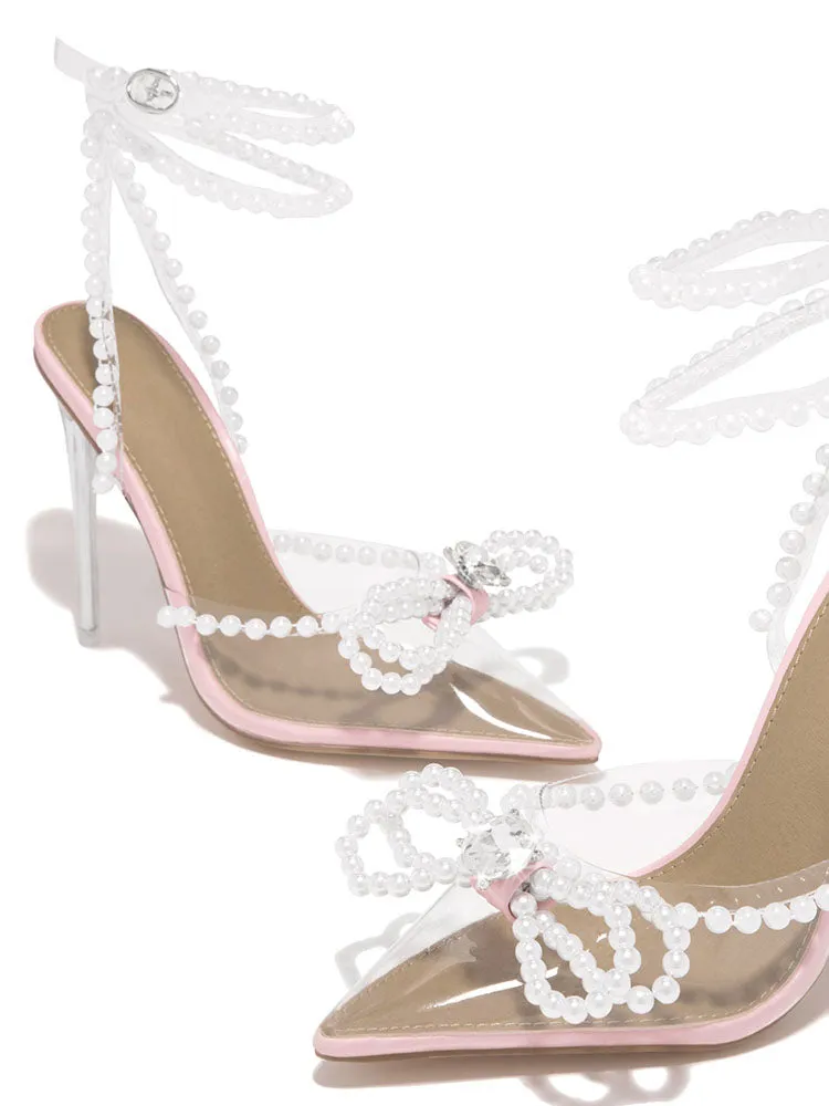 Amozae-Pearl Bow Pointed Toe Transparent Heels