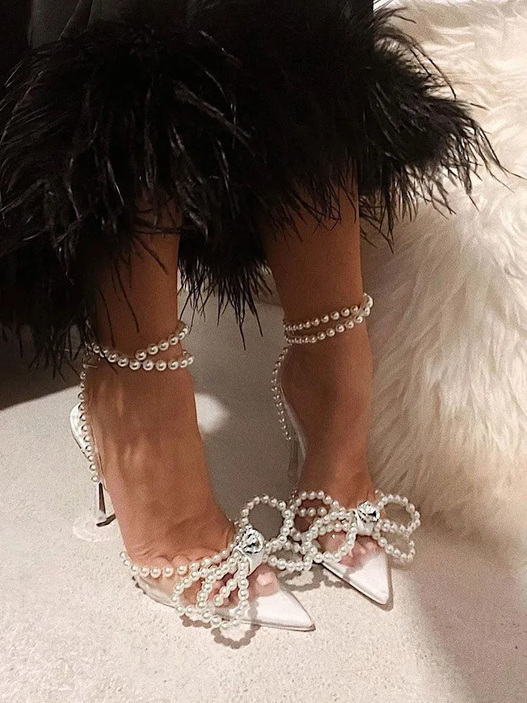 Amozae-Pearl Bow Pointed Toe Transparent Heels