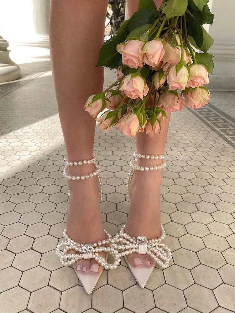 Amozae-Pearl Bow Pointed Toe Transparent Heels