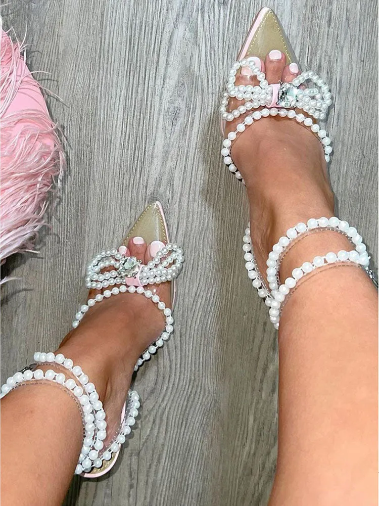 Amozae-Pearl Bow Pointed Toe Transparent Heels