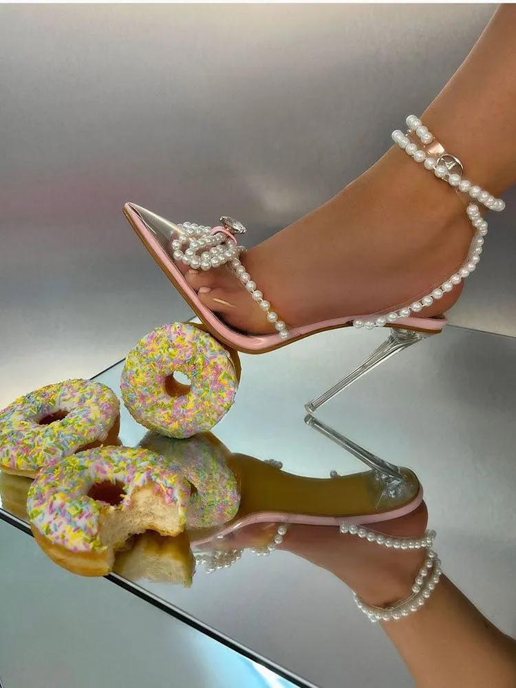 Amozae-Pearl Bow Pointed Toe Transparent Heels