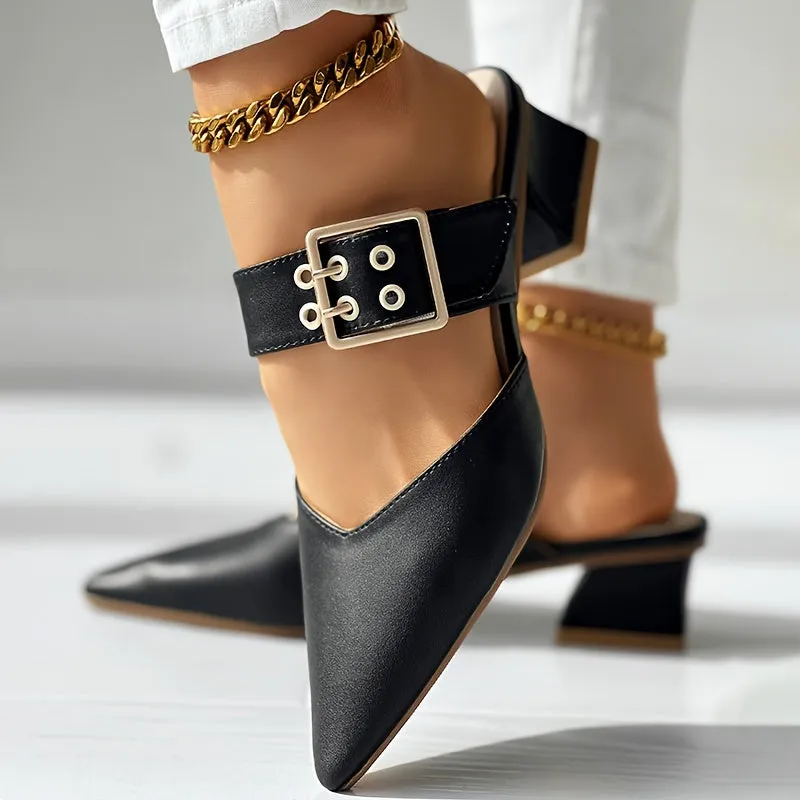 Amozae-Women's Solid Color Mary Jane, Slip On Buckle Point Toe Block Heel Shoes, Elegant Women's Shoes