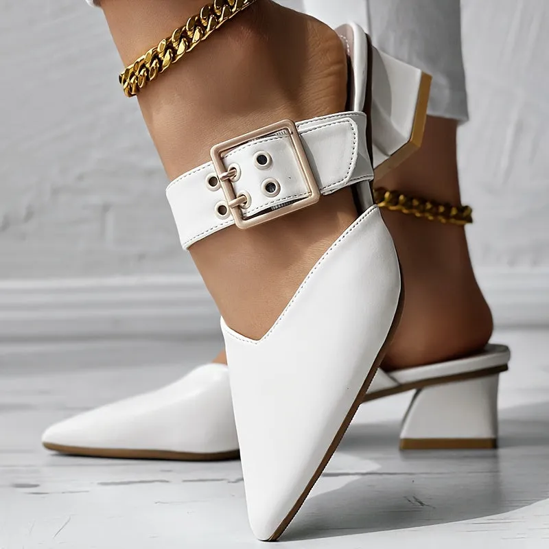 Amozae-Women's Solid Color Mary Jane, Slip On Buckle Point Toe Block Heel Shoes, Elegant Women's Shoes