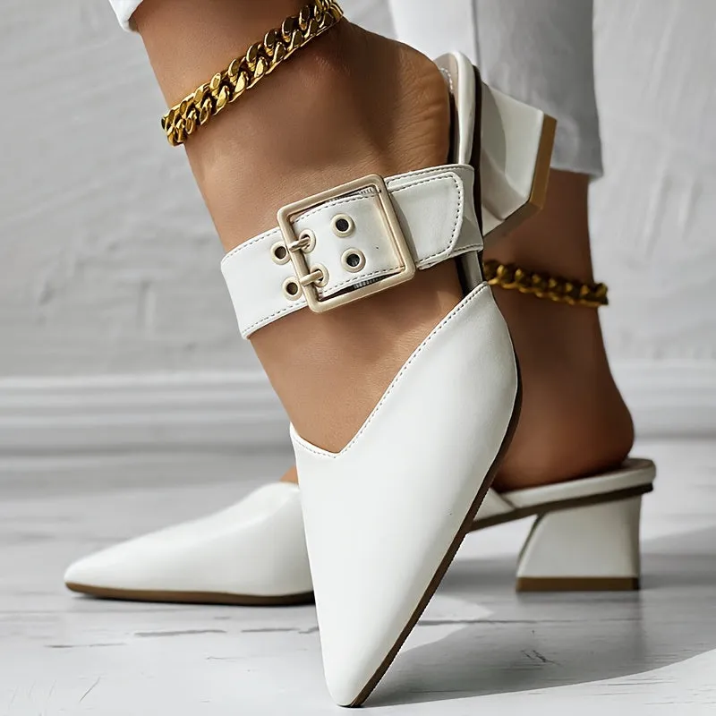 Amozae-Women's Solid Color Mary Jane, Slip On Buckle Point Toe Block Heel Shoes, Elegant Women's Shoes