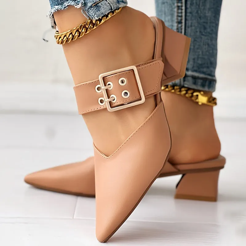 Amozae-Women's Solid Color Mary Jane, Slip On Buckle Point Toe Block Heel Shoes, Elegant Women's Shoes