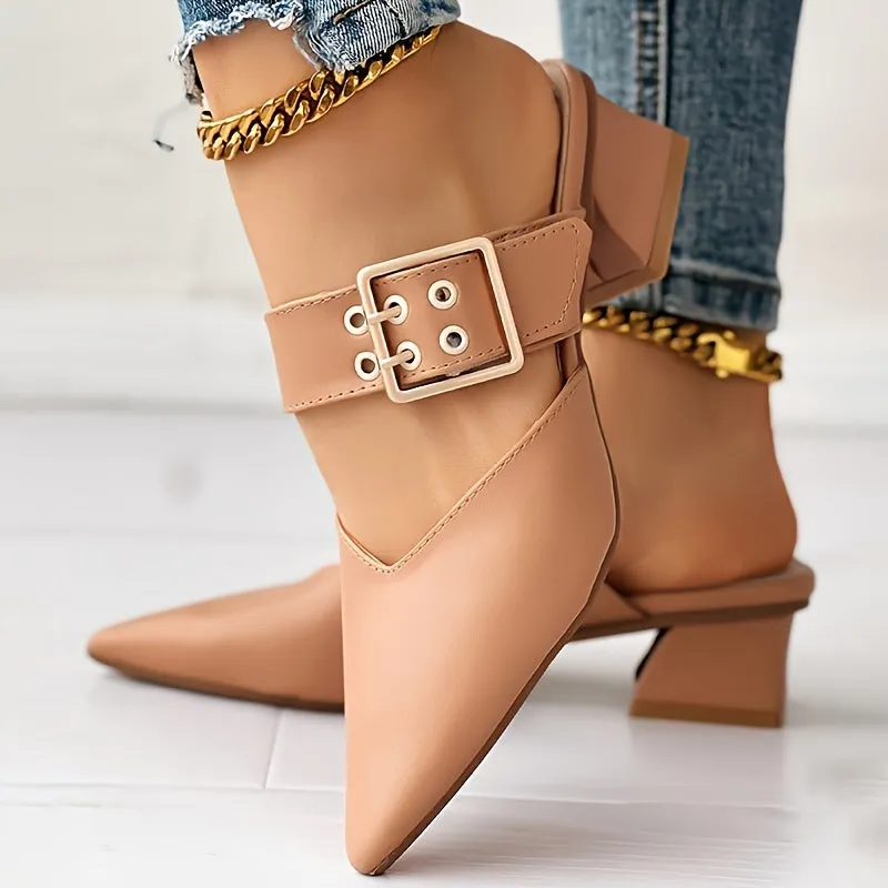 Amozae-Women's Solid Color Mary Jane, Slip On Buckle Point Toe Block Heel Shoes, Elegant Women's Shoes