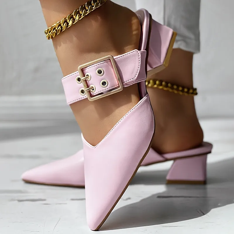 Amozae-Women's Solid Color Mary Jane, Slip On Buckle Point Toe Block Heel Shoes, Elegant Women's Shoes