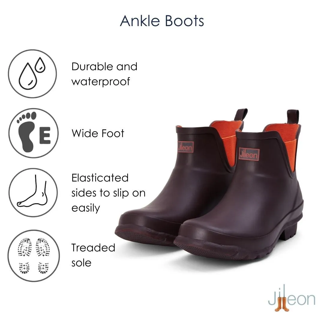 Ankle Wellies - Chocolate and Orange Trim - Wide Foot - Easy to Slip On