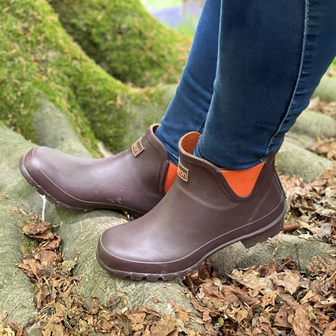 Ankle Wellies - Chocolate and Orange Trim - Wide Foot - Easy to Slip On