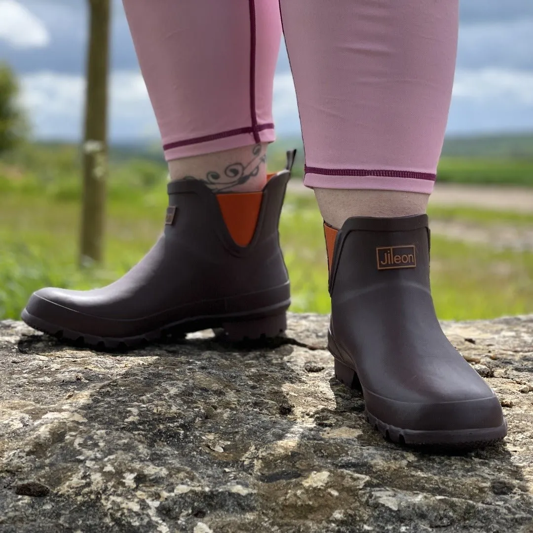 Ankle Wellies - Chocolate and Orange Trim - Wide Foot - Easy to Slip On