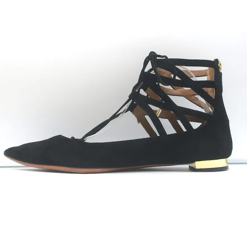 Aquazzura Belgravia Lace-Up Pointed Toe Flats Black Cutout Suede Size 40
