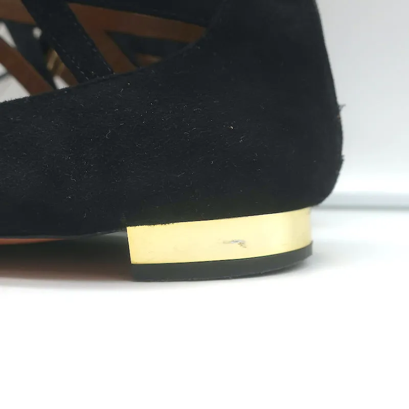 Aquazzura Belgravia Lace-Up Pointed Toe Flats Black Cutout Suede Size 40