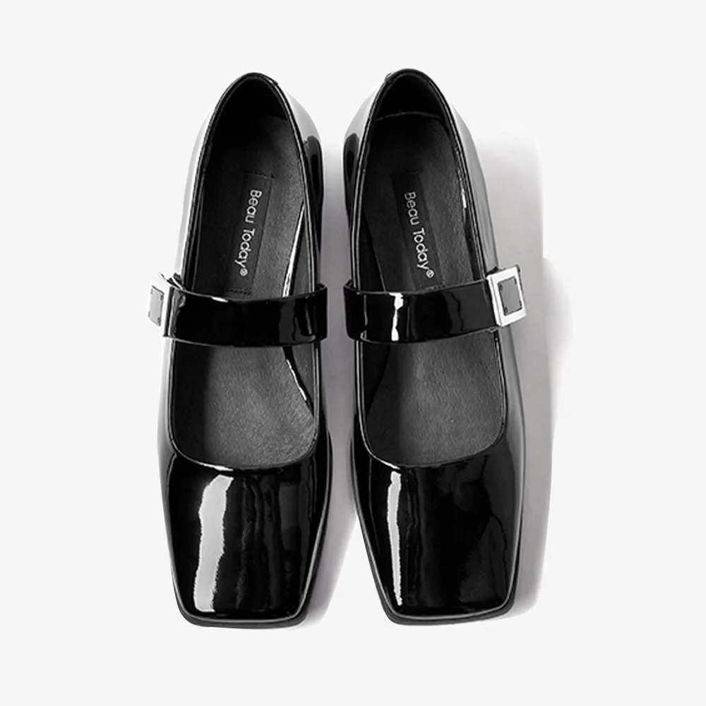 BeauToday Black Patent Leather Square Toe Slip On Ballet Flats with Buckle Decor for Women
