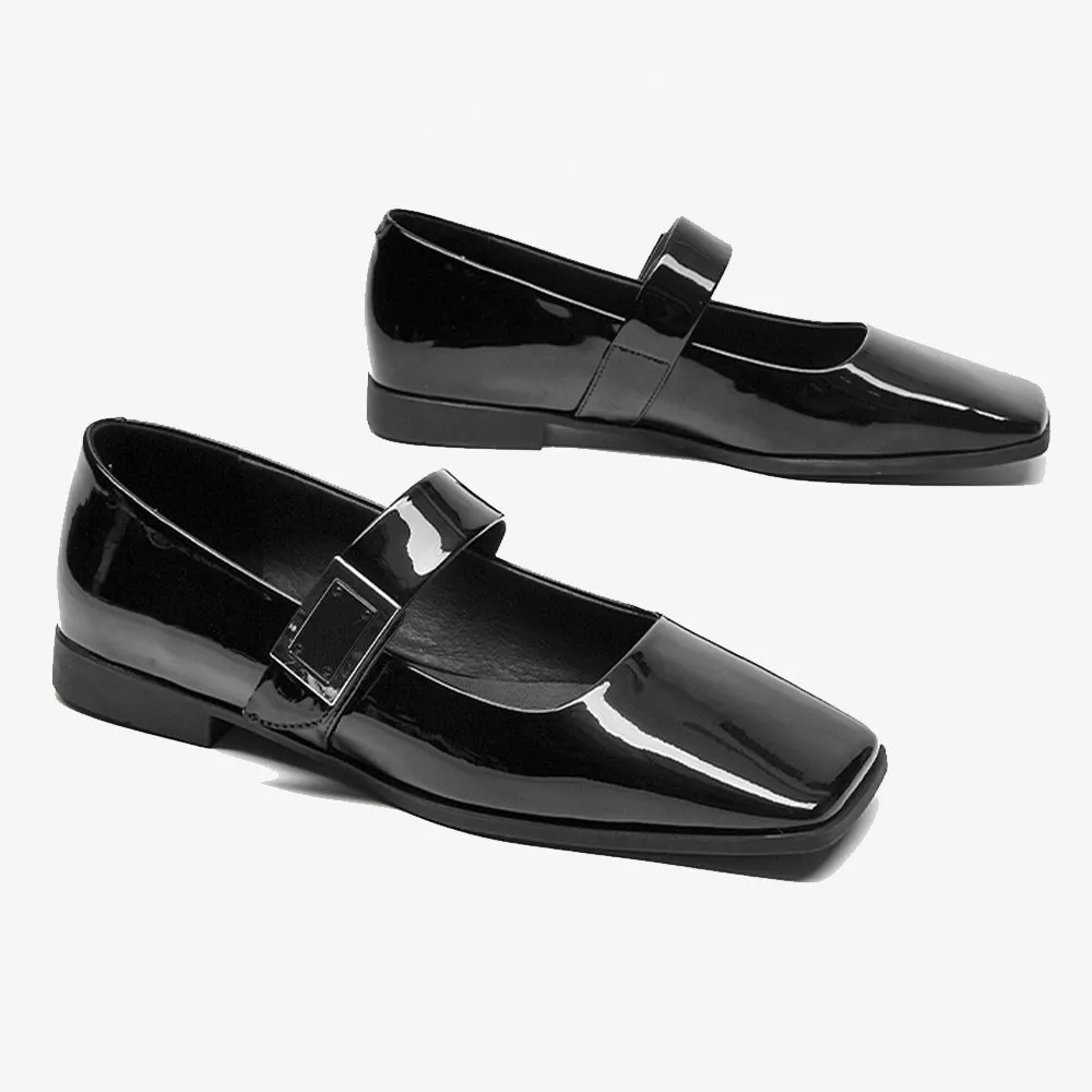 BeauToday Black Patent Leather Square Toe Slip On Ballet Flats with Buckle Decor for Women