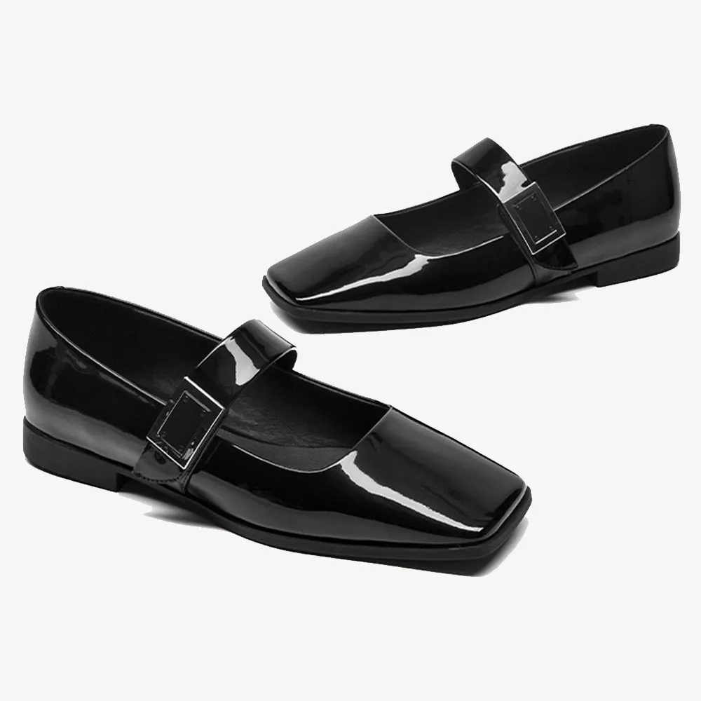 BeauToday Black Patent Leather Square Toe Slip On Ballet Flats with Buckle Decor for Women
