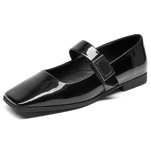 BeauToday Black Patent Leather Square Toe Slip On Ballet Flats with Buckle Decor for Women
