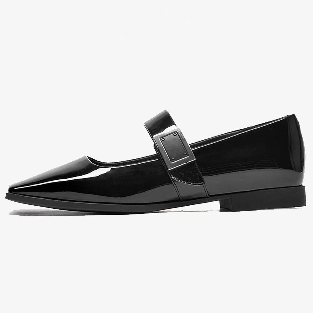 BeauToday Black Patent Leather Square Toe Slip On Ballet Flats with Buckle Decor for Women