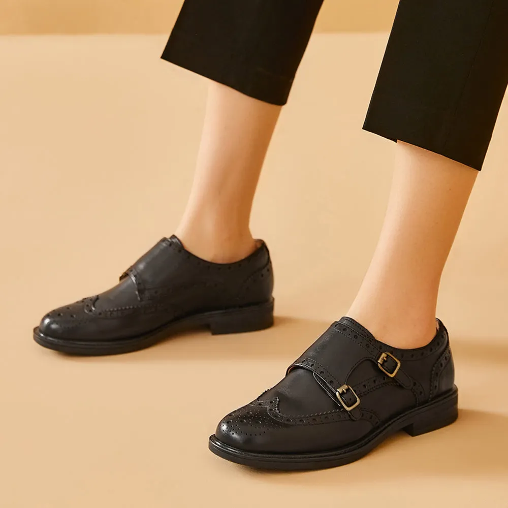 BeauToday Calfskin Oxford Monk Shoes for Women with Brogue Fretwork
