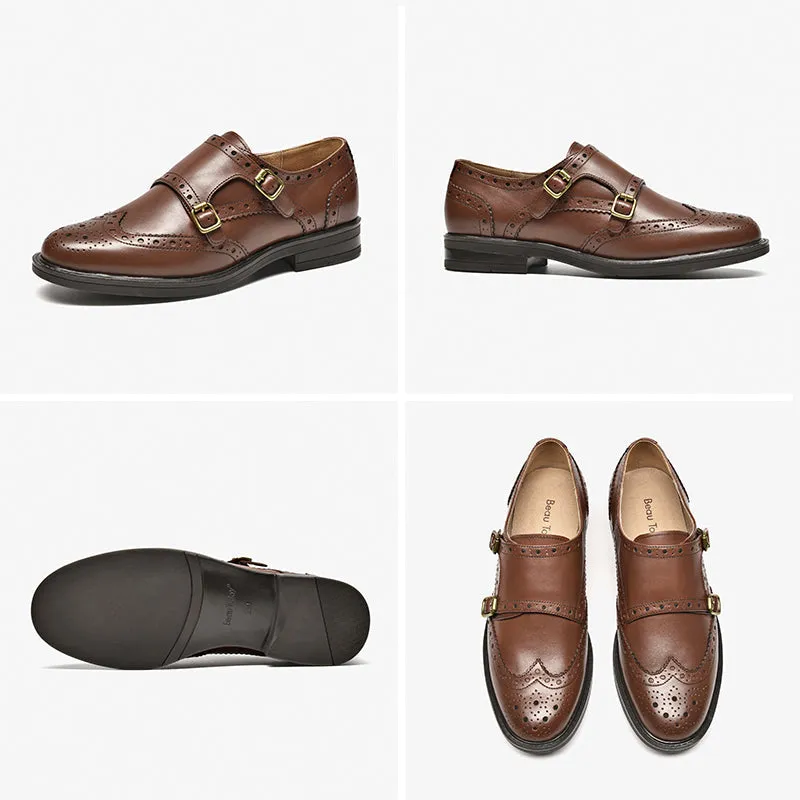 BeauToday Calfskin Oxford Monk Shoes for Women with Brogue Fretwork