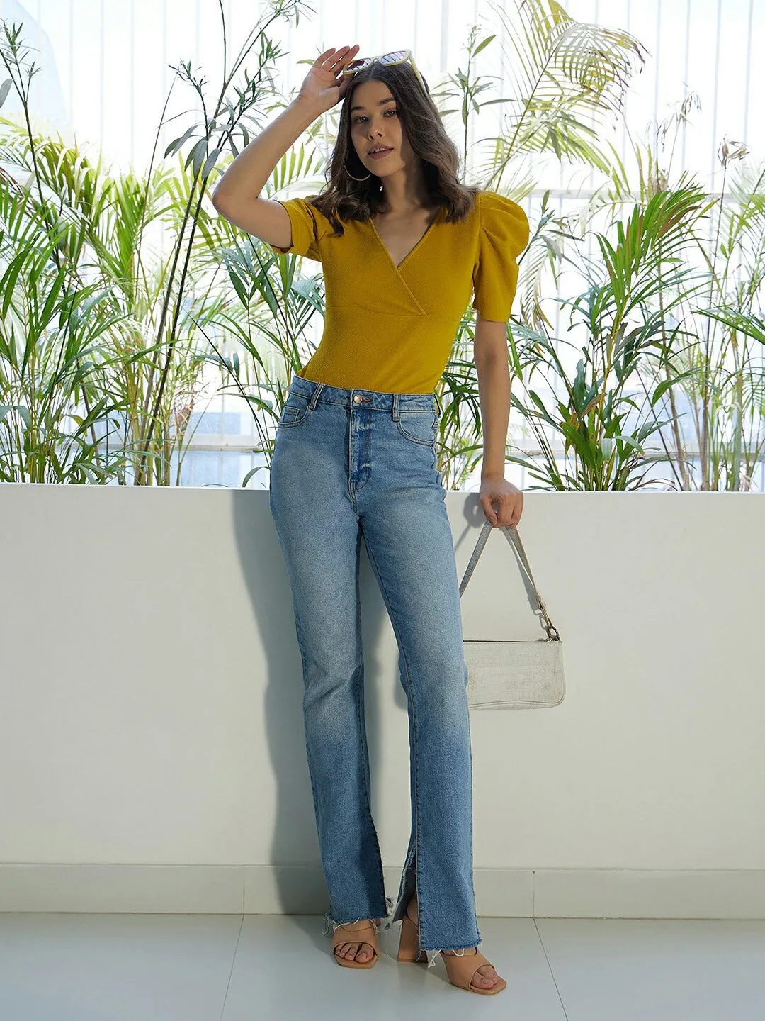 Berrylush Women Solid Yellow V-Neck Puff Sleeves Slim Fit Wrap Knitted Regular T-Shirt