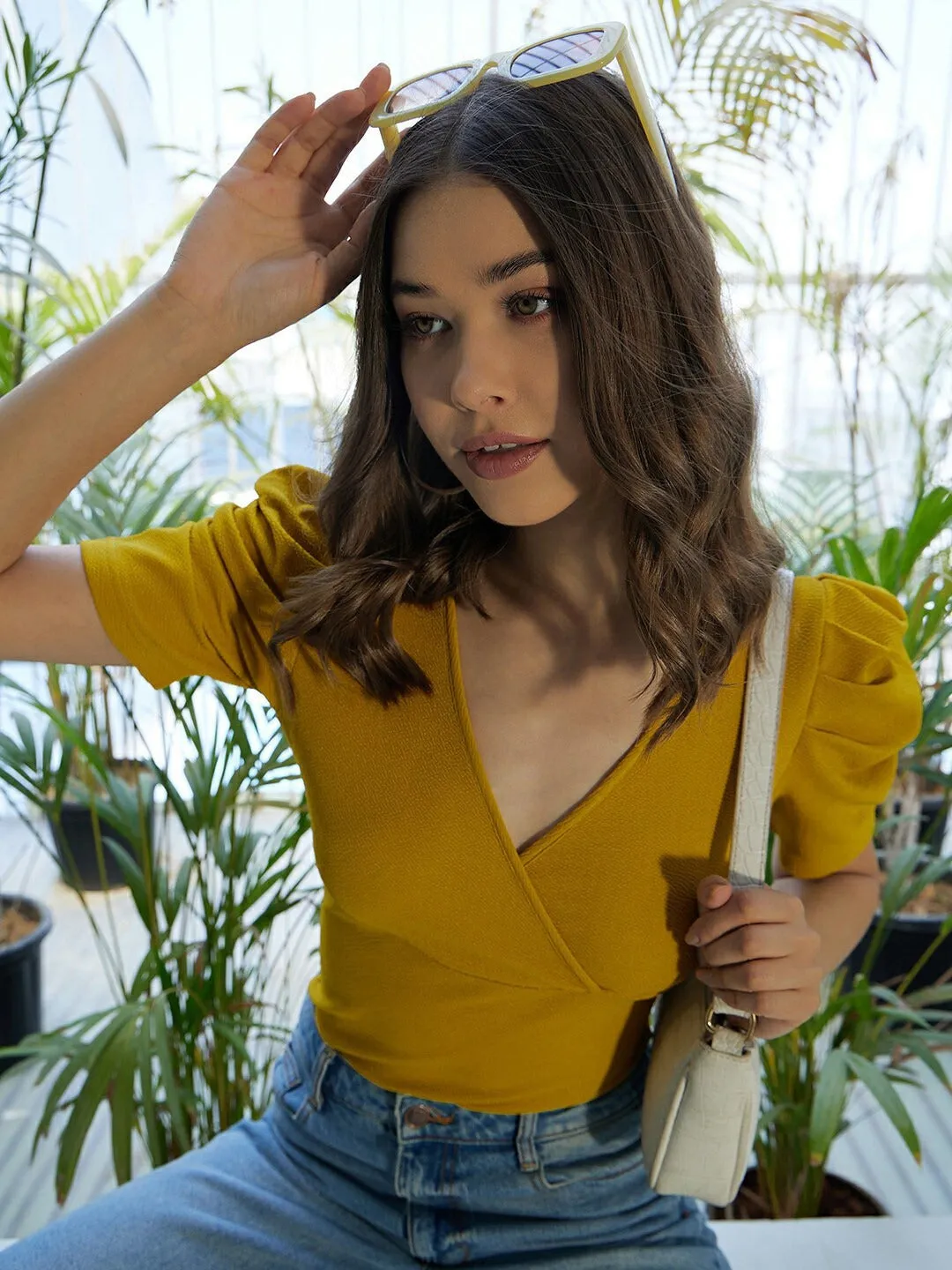 Berrylush Women Solid Yellow V-Neck Puff Sleeves Slim Fit Wrap Knitted Regular T-Shirt