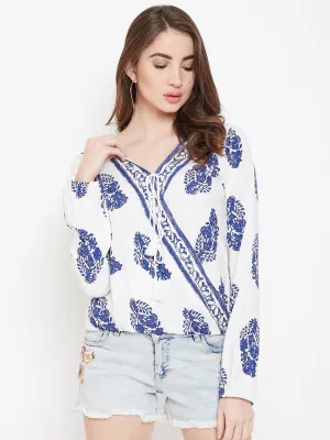 Berrylush Women White & Blue Floral Printed V-Neck Medium Transparent Blouson Top