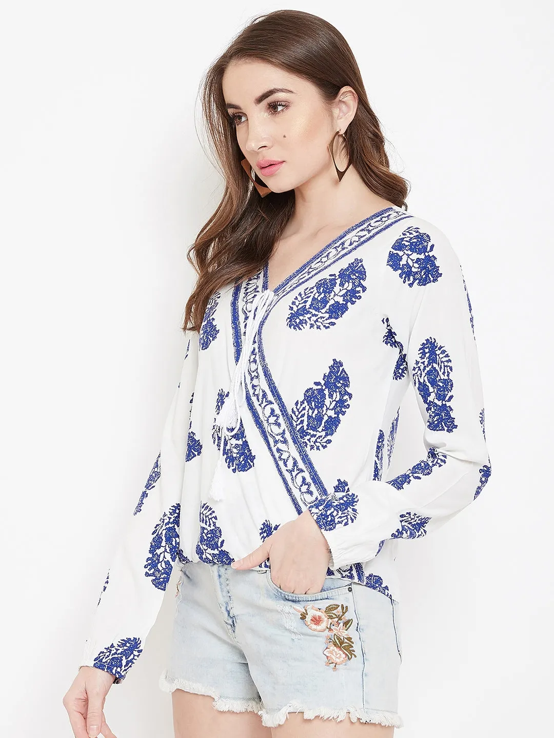 Berrylush Women White & Blue Floral Printed V-Neck Medium Transparent Blouson Top