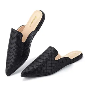 BISON SPIRIT Mules for Women Flats Pointed Toe Slip On Slides Loafer Shoes (Metal Chain-Black PU,8.5)