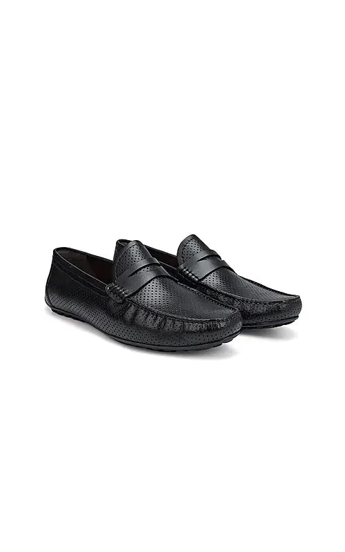 Black perforated Leather Moccasins