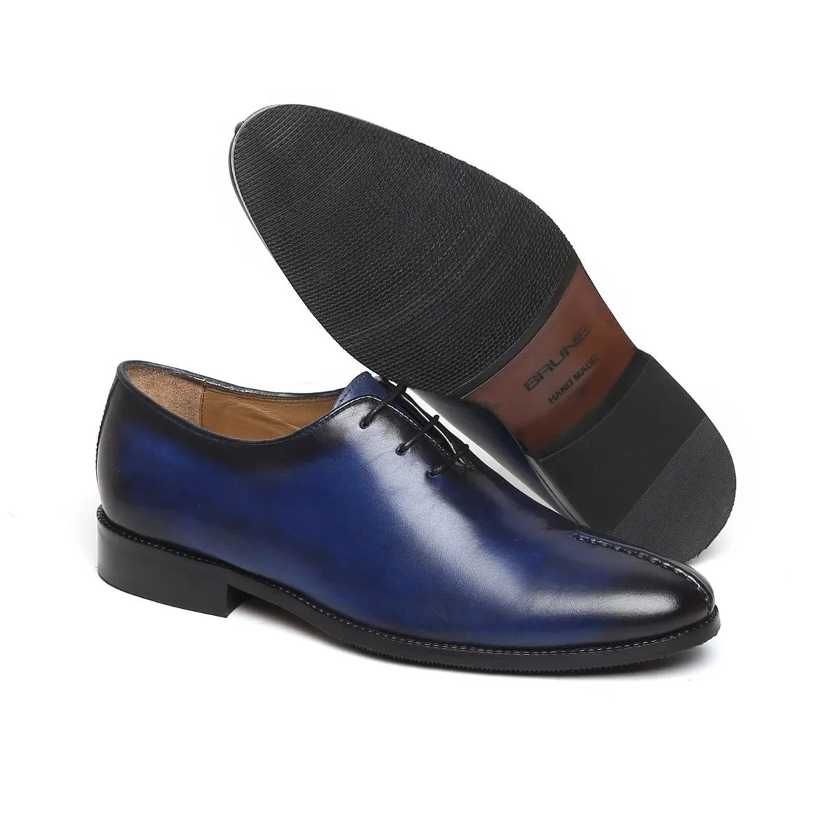 Blue Mid Stitched 3-Lace One Piece Whole Cut Leather Oxford by Brune & Bareskin