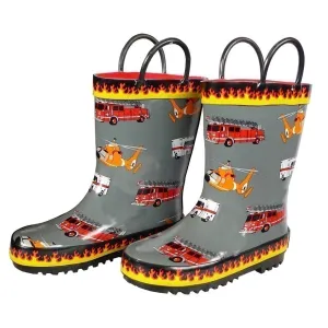 Boys Grey Fire Trucks Printed Rubber Boots 5-10 Toddler