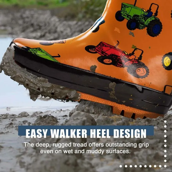 Boys Orange Tractors Waterproof Kids Rain Boots