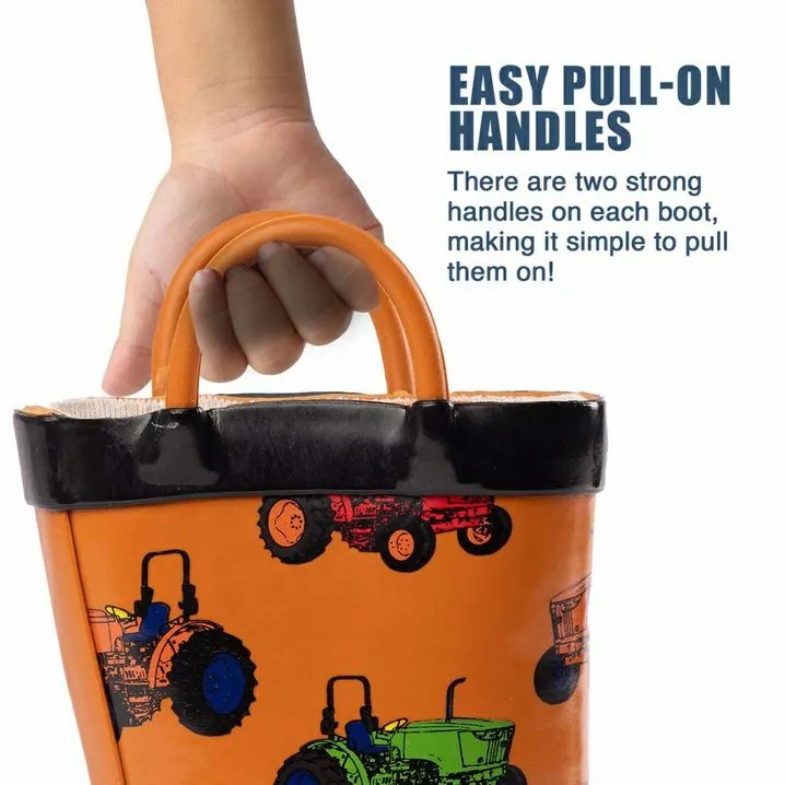 Boys Orange Tractors Waterproof Kids Rain Boots