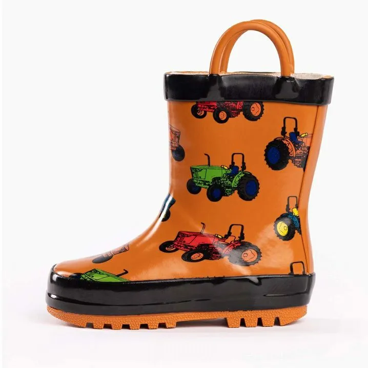 Boys Orange Tractors Waterproof Kids Rain Boots