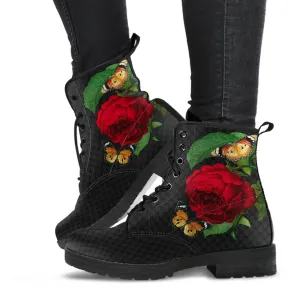 Combat Boots - Butterfly Shoes #105, Black Lace Print, Custom Shoes, Boho Shoes, Vintage Style Shoes, Aesthetic Shoes